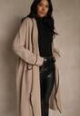 Beżowy Niezapinany Kardigan o Długim Kroju z Lamówką Venisse