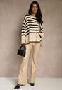 Kremowo-Czarny Sweter Oversize w Paski Kalitusa