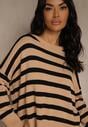 Beżowo-Czarny Sweter Oversize w Paski Kalitusa