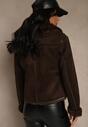 Brązowa Kurtka Biker z Imitacji Zamszu Zdobiona Futerkiem Awedora