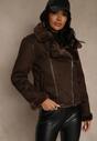 Brązowa Kurtka Biker z Imitacji Zamszu Zdobiona Futerkiem Awedora