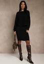 Czarny Prążkowany Komplet z Dzianiny Sukienka Bodycon i Sweter Nietoperz Wediana