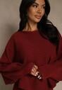 Bordowy Prążkowany Komplet z Dzianiny Sukienka Bodycon i Sweter Nietoperz Wediana