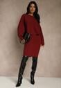 Bordowy Prążkowany Komplet z Dzianiny Sukienka Bodycon i Sweter Nietoperz Wediana
