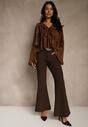 Brązowe Spodnie Flare z Wiskozy i Bawełny z Paskiem w Kowbojskim Stylu Tusiera
