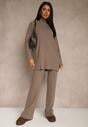 Ciemnobeżowy Komplet Prążkowany z Bawełną Sweter Oversize i Szerokie Spodnie Wedorena