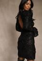 Czarna Dopasowana Sukienka Ozdobiona Cekinami i Kwiatami 3D Raweda