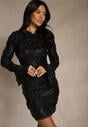 Czarna Dopasowana Sukienka Ozdobiona Cekinami i Kwiatami 3D Raweda