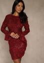 Bordowa Dopasowana Sukienka Ozdobiona Cekinami i Kwiatami 3D Raweda
