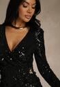 Czarna Cekinowa Sukienka Longsleeve o Dopasowanym Kroju z Dekoltem V Loweda