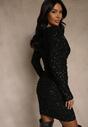 Czarna Cekinowa Sukienka o Dopasowanym Kroju Longsleeve z Dekoltem Woda Silweda