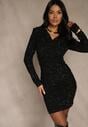 Czarna Cekinowa Sukienka o Dopasowanym Kroju Longsleeve z Dekoltem Woda Silweda