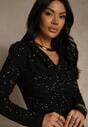Czarna Cekinowa Sukienka o Dopasowanym Kroju Longsleeve z Dekoltem Woda Silweda