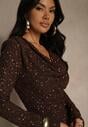 Brązowa Cekinowa Sukienka Elegancka o Dopasowanym Kroju z Dekoltem Woda Silweda