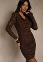 Brązowa Cekinowa Sukienka Elegancka o Dopasowanym Kroju z Dekoltem Woda Silweda