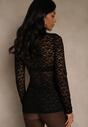 Czarna Bluzka Longsleeve z Koronki z Asymetrycznym Dekoltem Liwedisa