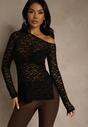 Czarna Bluzka Longsleeve z Koronki z Asymetrycznym Dekoltem Liwedisa