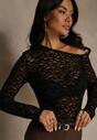 Czarna Bluzka Longsleeve z Koronki z Asymetrycznym Dekoltem Liwedisa