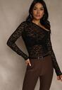 Czarna Bluzka Longsleeve z Koronki z Asymetrycznym Dekoltem Liwedisa