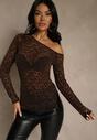 Brązowa Bluzka Longsleeve z Koronki z Asymetrycznym Dekoltem Liwedisa