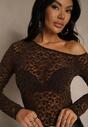 Brązowa Bluzka Longsleeve z Koronki z Asymetrycznym Dekoltem Liwedisa