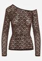 Brązowa Bluzka Longsleeve z Koronki z Asymetrycznym Dekoltem Liwedisa
