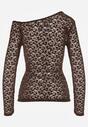 Brązowa Bluzka Longsleeve z Koronki z Asymetrycznym Dekoltem Liwedisa
