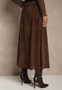 Brązowa Spódnica z Wiskozy z Bawełną z Imitacji Zamszu z Paskiem Oliweda
