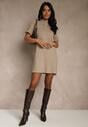 Beżowa Sukienka Sweterkowa o Trapezowym Kroju z Perełkami Liatusea
