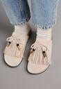 Beżowe Boho Klapki Mule z Imitacji Zamszu z Frędzlami i Koralikami Elwedila