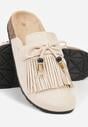 Beżowe Boho Klapki Mule z Imitacji Zamszu z Frędzlami i Koralikami Elwedila