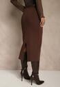 Brązowa Spódnica o Ołówkowym Kroju z Wiskozą z Paskiem i Rozcięciem Saweda