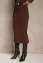 Brązowa Spódnica o Ołówkowym Kroju z Wiskozą z Paskiem i Rozcięciem Saweda