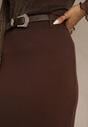 Brązowa Spódnica o Ołówkowym Kroju z Wiskozą z Paskiem i Rozcięciem Saweda