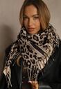 Brązowy Wiskozowy Szalik w Panterkę Wykończony Frędzlami Alefera
