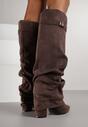 Brązowe Marszczone Kozaki na Słupkowym Obcasie z Wywiniętą Cholewką Runella