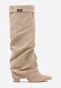 Ciemnobeżowe Marszczone Kozaki na Słupkowym Obcasie z Wywiniętą Cholewką Runella