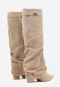 Ciemnobeżowe Marszczone Kozaki na Słupkowym Obcasie z Wywiniętą Cholewką Runella