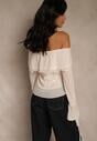Jasnobeżowa Bluzka Off Shoulder z Falbankami z Siateczki z Bawełny i Wiskozy Fenisella