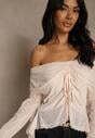 Jasnobeżowa Bluzka Off Shoulder z Falbankami z Siateczki z Bawełny i Wiskozy Fenisella