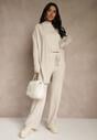 Beżowy Komplet z Dzianiny z Wiskozą Spodnie Bluzka ze Stójką i Kardigan Vetisene