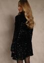 Czarna Koktajlowa Sukienka Zdobiona Cekinami i Geometrycznymi Ramionami Milefera