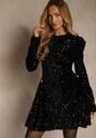 Czarna Koktajlowa Sukienka Zdobiona Cekinami i Geometrycznymi Ramionami Milefera