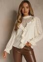 Beżowa Bluzka z Koronką i Falbankami Zdobiona Metalicznymi Przeszyciami Aliafera
