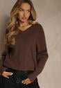 Brązowy Sweter z Dodatkiem Kaszmiru i Trójkątnym Dekoltem Silefera
