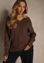 Brązowy Sweter z Dodatkiem Kaszmiru i Trójkątnym Dekoltem Silefera
