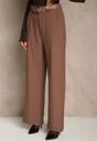 Brązowe Szerokie Spodnie Garniturowe z Wysokim Stanem i Paskiem z Klamrą Fevelira