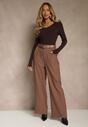 Brązowe Szerokie Spodnie Garniturowe z Wysokim Stanem i Paskiem z Klamrą Fevelira