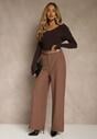 Brązowe Szerokie Spodnie Garniturowe z Wysokim Stanem i Paskiem z Klamrą Fevelira