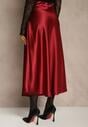 Bordowa Satynowa Midi Spódnica Rozkloszowana z Gumką w Pasie i Suwakiem Leose